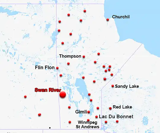 Map showing the location of Swan River in Manitoba